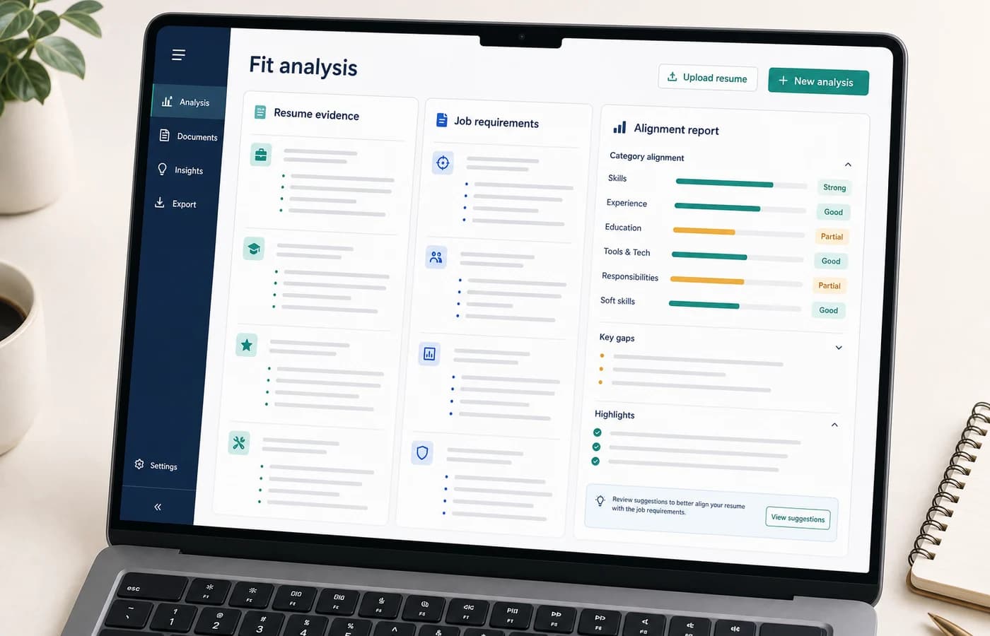 Generic preview of the planned Resume Kicker analysis interface with resume evidence, job requirements, and alignment categories.